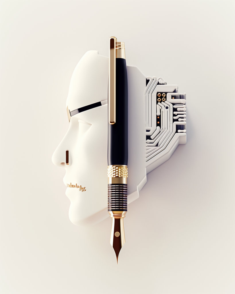 Fountain pen merged with robotic face