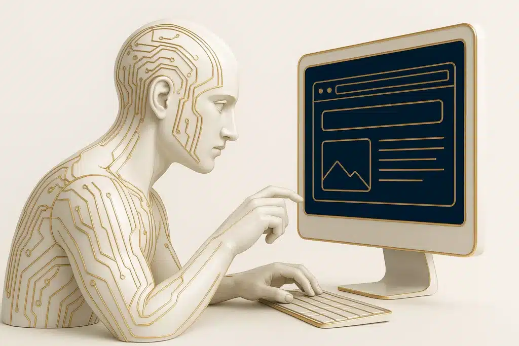 Angelinsight sculpture of a humanoid figure in white with gold circuitry interacting with a digital interface on a screen.