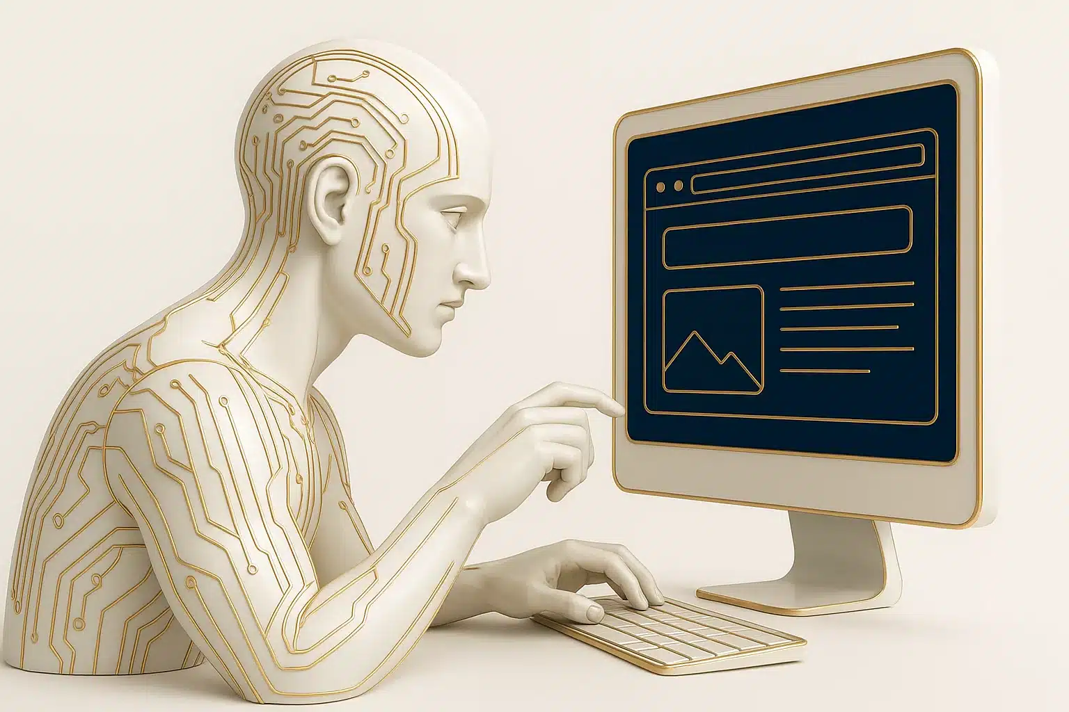 Angelinsight sculpture of a humanoid figure in white with gold circuitry interacting with a digital interface on a screen.